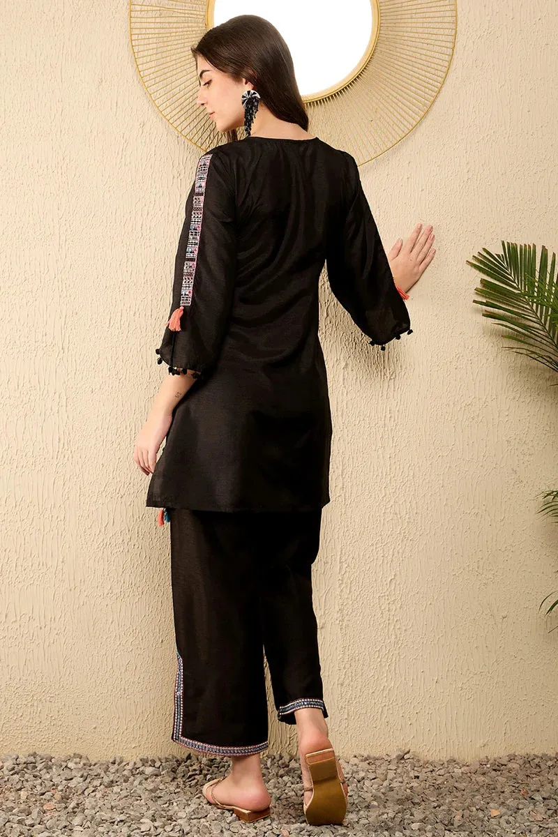 Black Viscose Rayon Sequined Embroidered Kurta Trouser CO-Ord Set