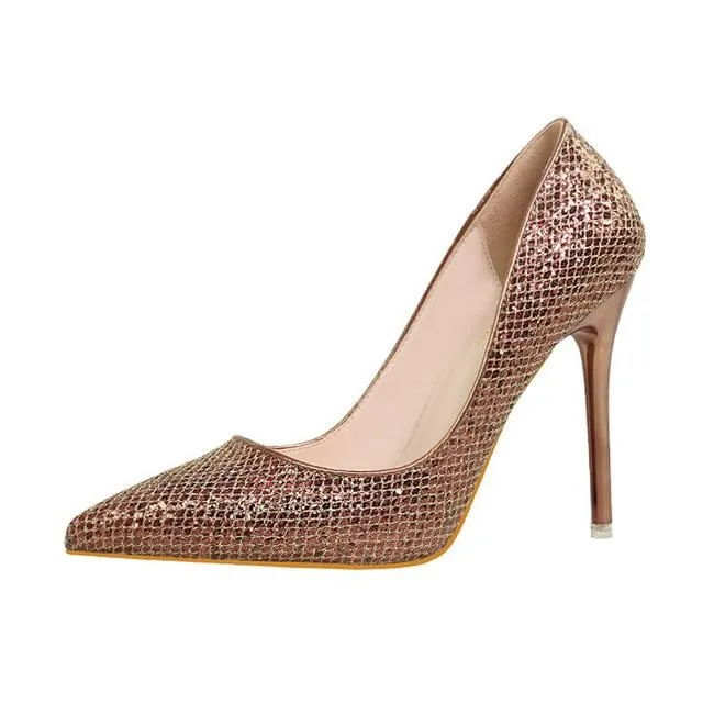 Bling Glitter Pumps Platform Sexy Thin High Heels Slip On Women Shoes Pointed Toe Casual Wedding Shoes Woman