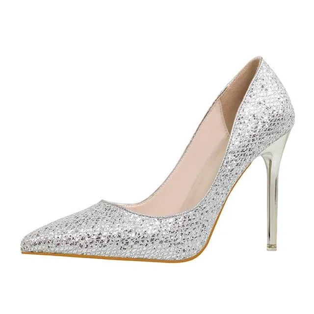 Bling Glitter Pumps Platform Sexy Thin High Heels Slip On Women Shoes Pointed Toe Casual Wedding Shoes Woman