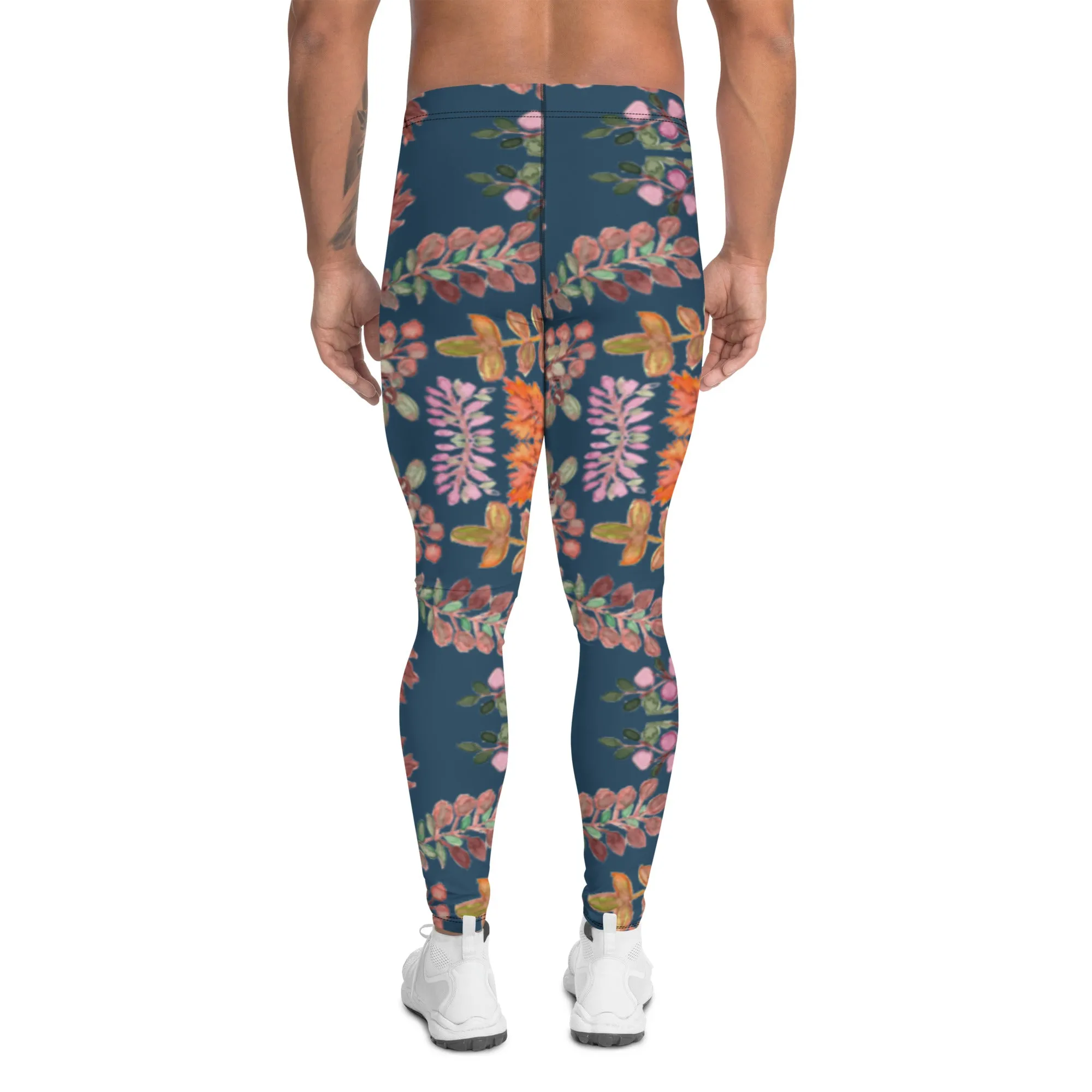 Blue Fall Leaves Men's Leggings, Fall Leaves Leggings For Men, Autumn Leaf Leggings- Made in USA/EU/MX