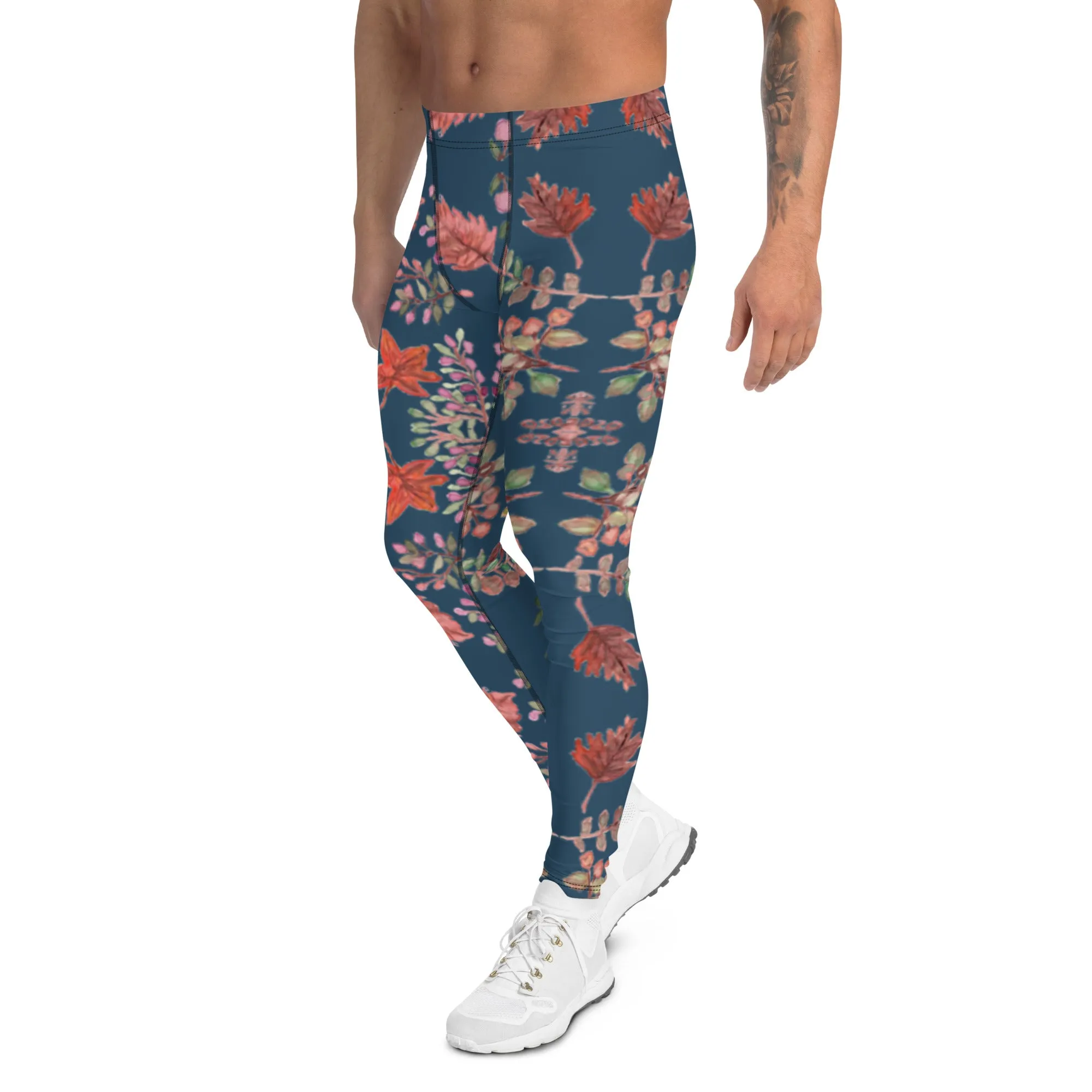 Blue Fall Leaves Men's Leggings, Fall Leaves Leggings For Men, Autumn Leaf Leggings- Made in USA/EU/MX