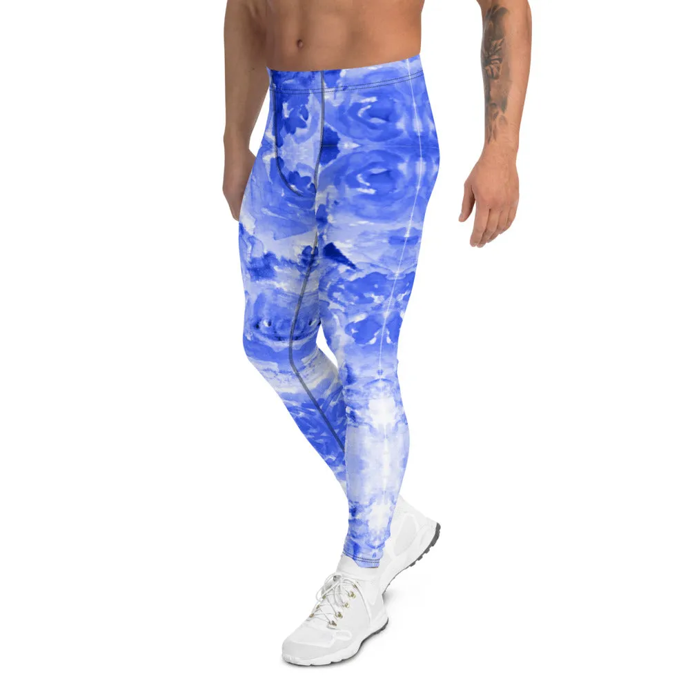 Blue Floral Men's Leggings, Abstract Rose Flower Print Best Meggings-Made in USA/EU/MX