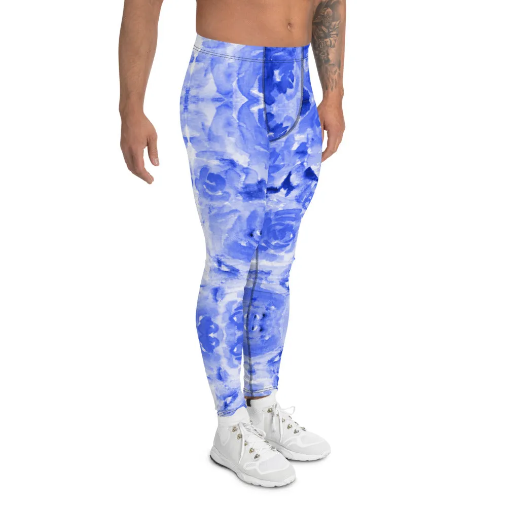 Blue Floral Men's Leggings, Abstract Rose Flower Print Best Meggings-Made in USA/EU/MX