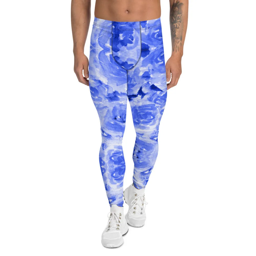 Blue Floral Men's Leggings, Abstract Rose Flower Print Best Meggings-Made in USA/EU/MX