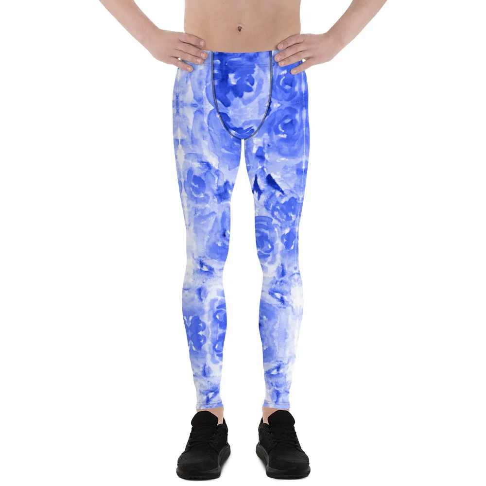 Blue Floral Men's Leggings, Abstract Rose Flower Print Best Meggings-Made in USA/EU/MX