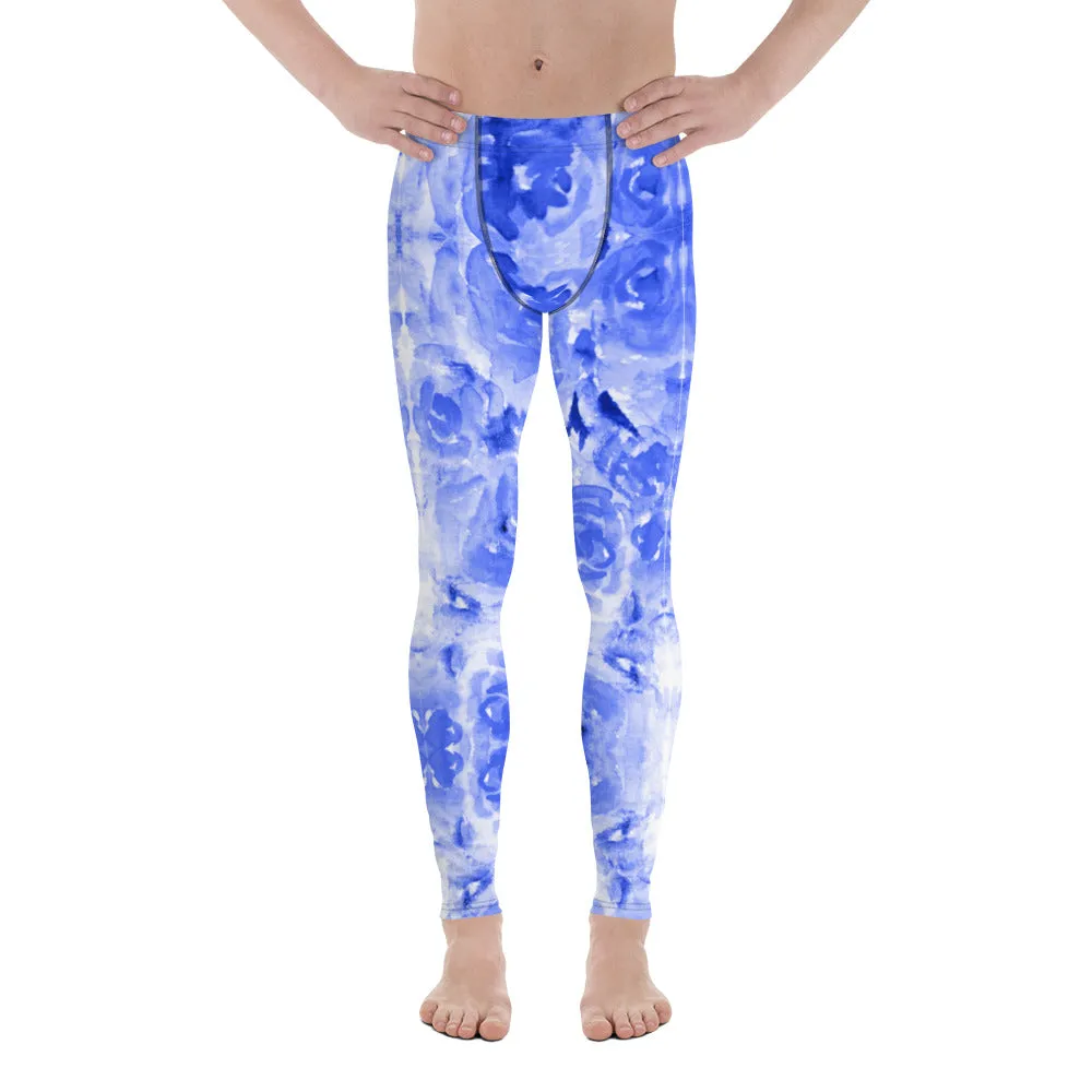 Blue Floral Men's Leggings, Abstract Rose Flower Print Best Meggings-Made in USA/EU/MX