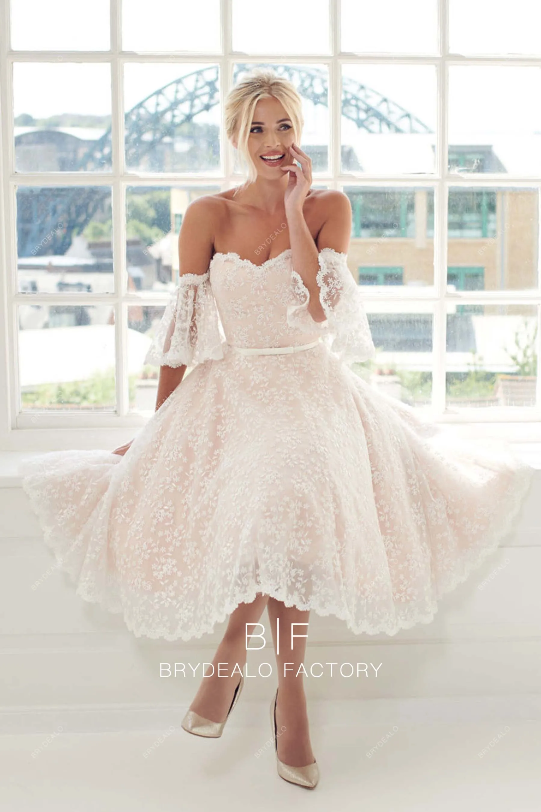 Blush Pink Off-Shoulder Sweetheart Neck Tea-Length Lace Bridal Dress