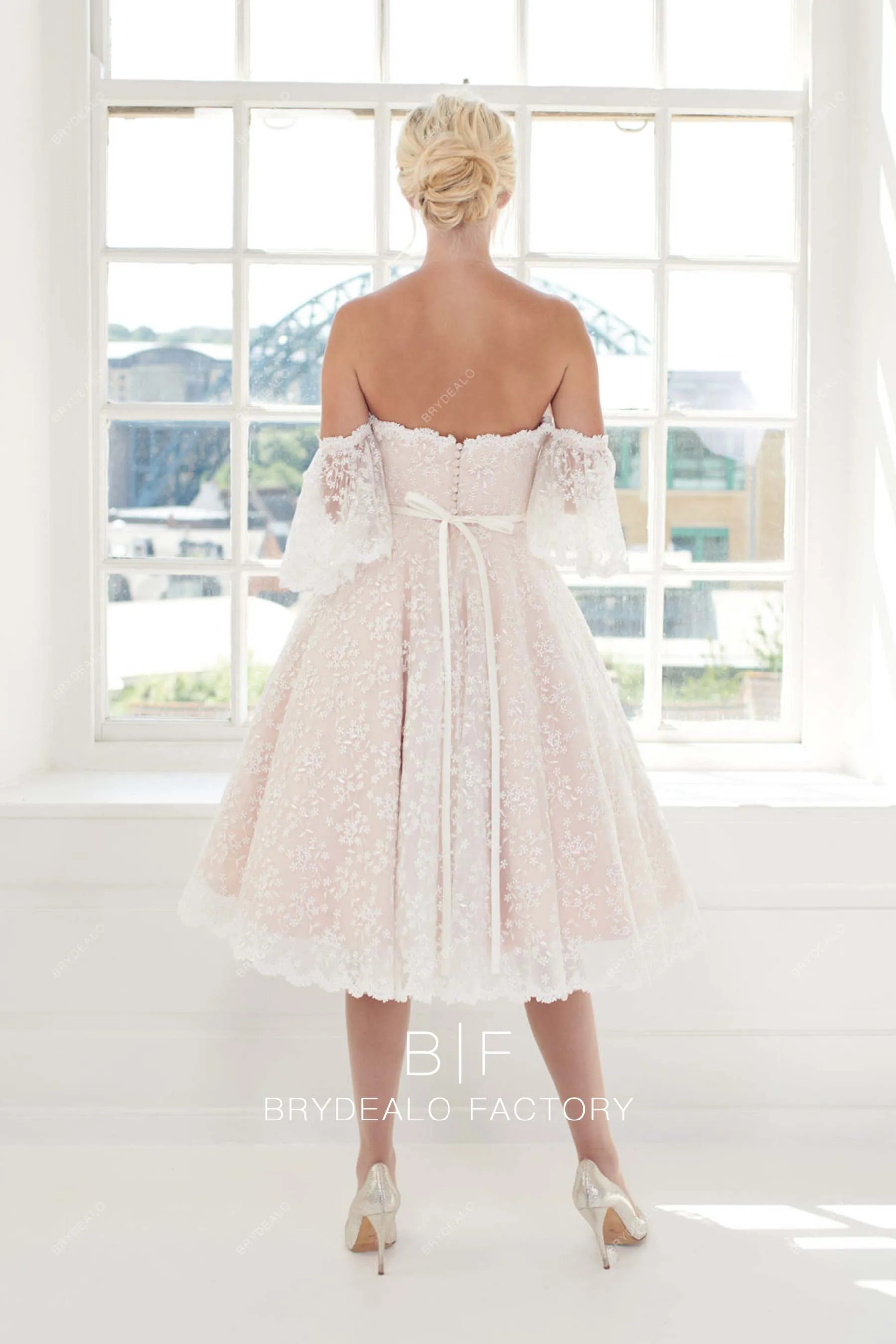 Blush Pink Off-Shoulder Sweetheart Neck Tea-Length Lace Bridal Dress