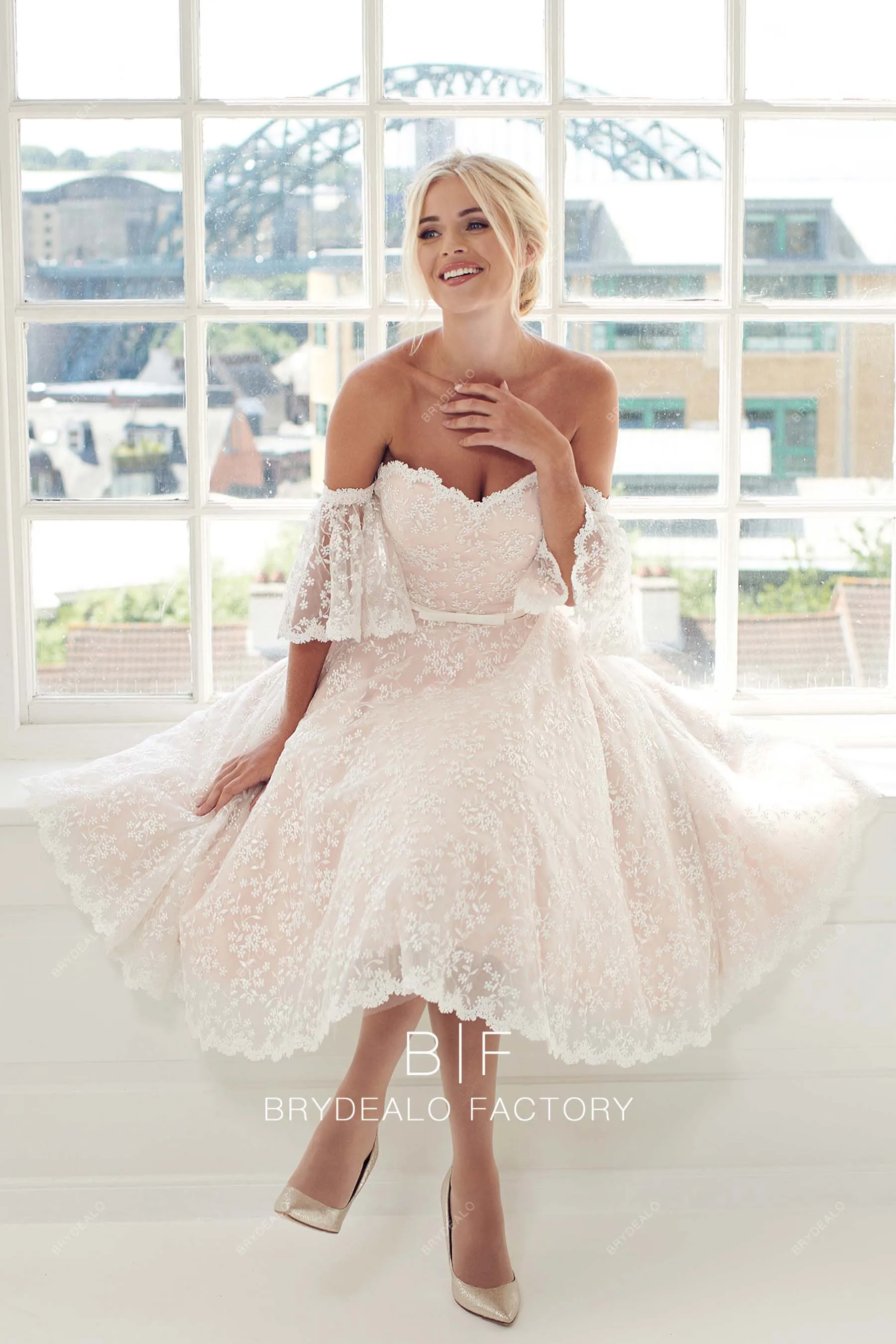 Blush Pink Off-Shoulder Sweetheart Neck Tea-Length Lace Bridal Dress