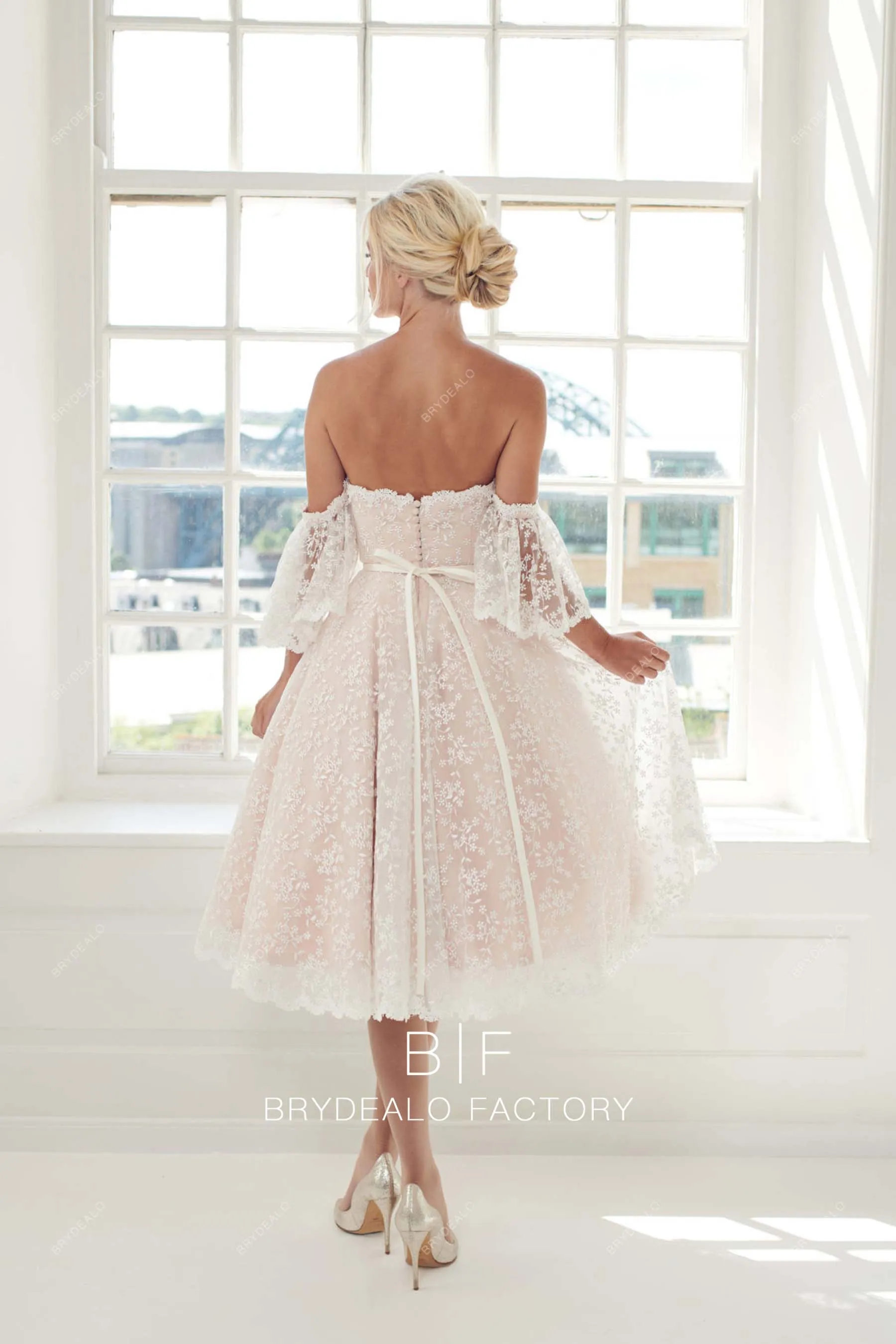 Blush Pink Off-Shoulder Sweetheart Neck Tea-Length Lace Bridal Dress