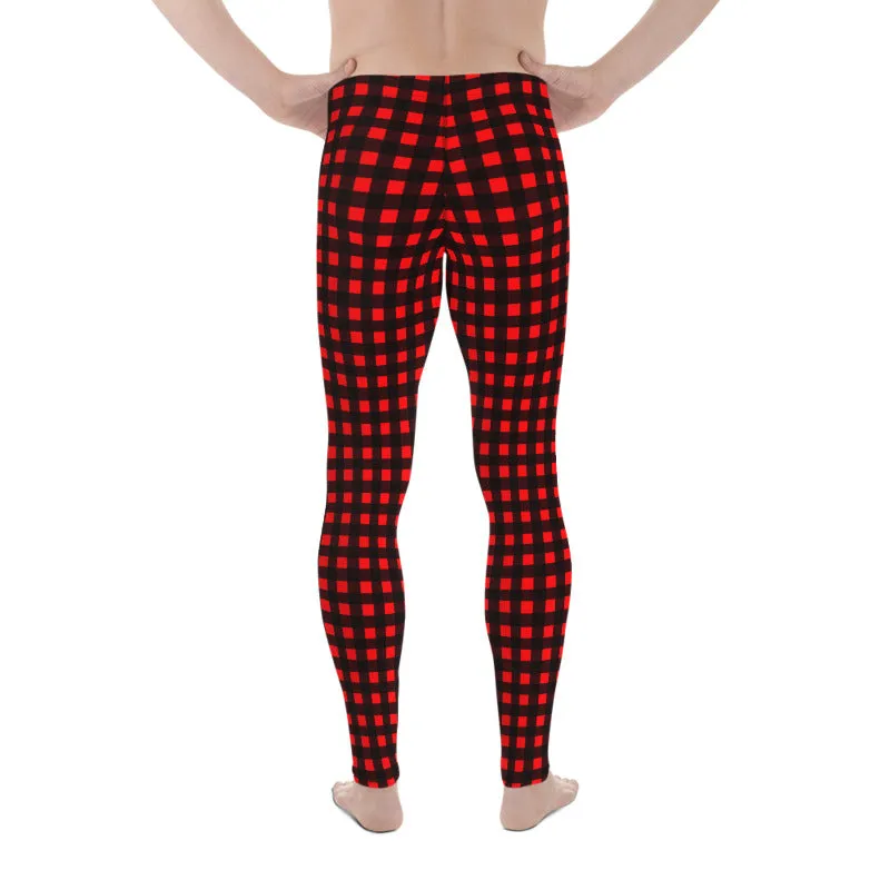 Buffalo Red Plaid Meggings, Buffalo Print Men's Leggings Compression Tights-Made in USA/MX/EU