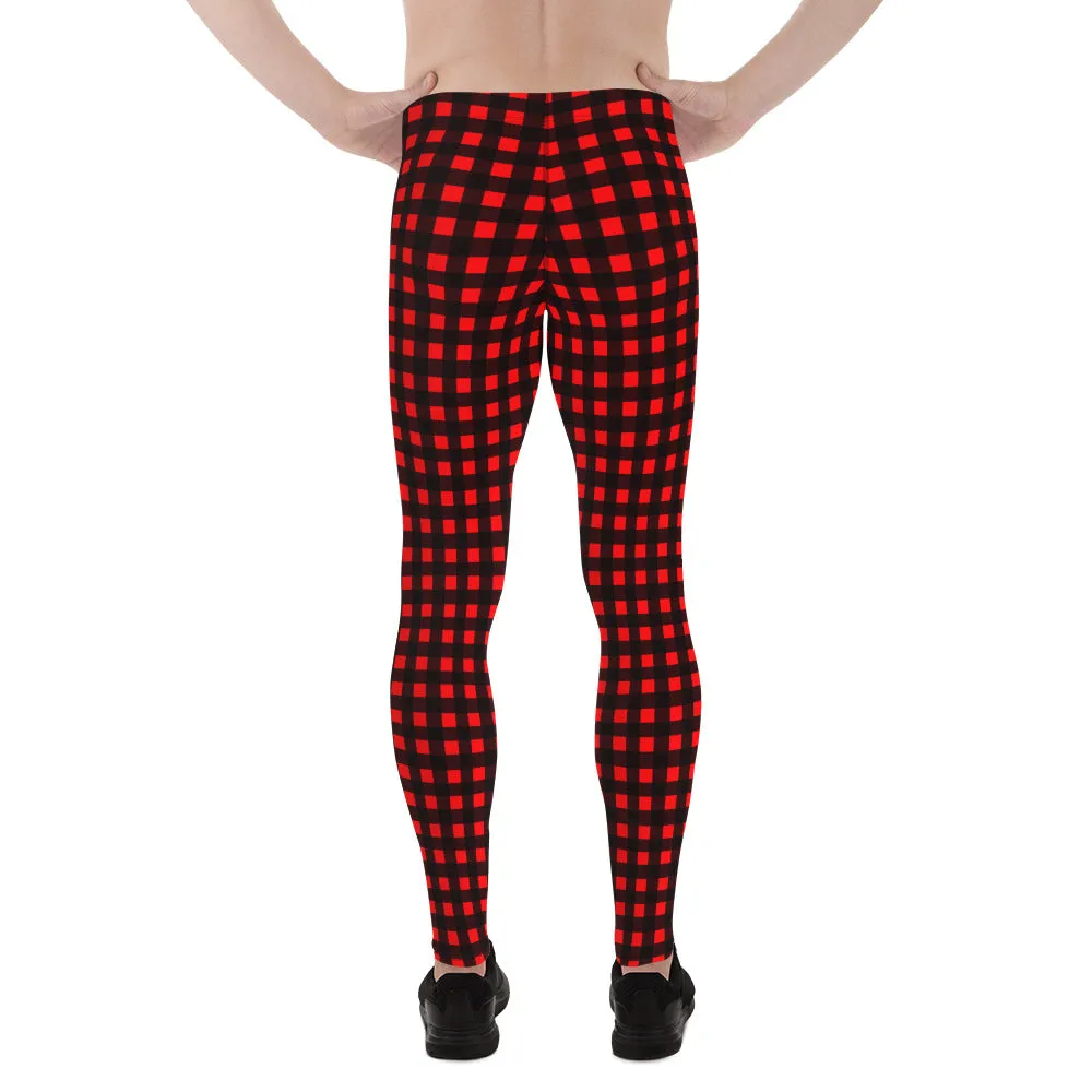 Buffalo Red Plaid Meggings, Buffalo Print Men's Leggings Compression Tights-Made in USA/MX/EU