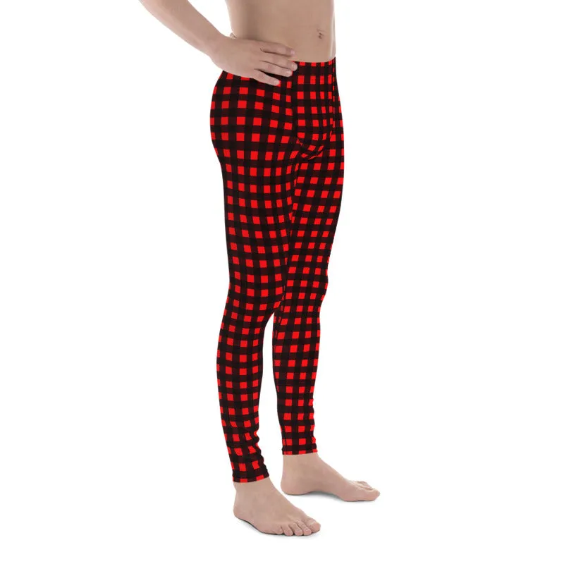 Buffalo Red Plaid Meggings, Buffalo Print Men's Leggings Compression Tights-Made in USA/MX/EU