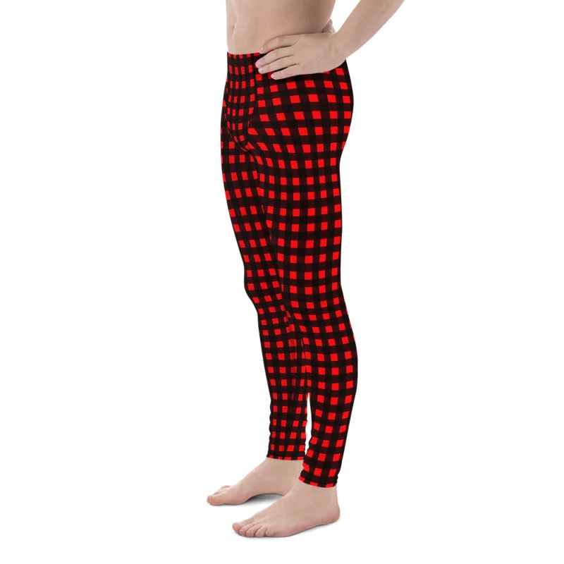 Buffalo Red Plaid Meggings, Buffalo Print Men's Leggings Compression Tights-Made in USA/MX/EU