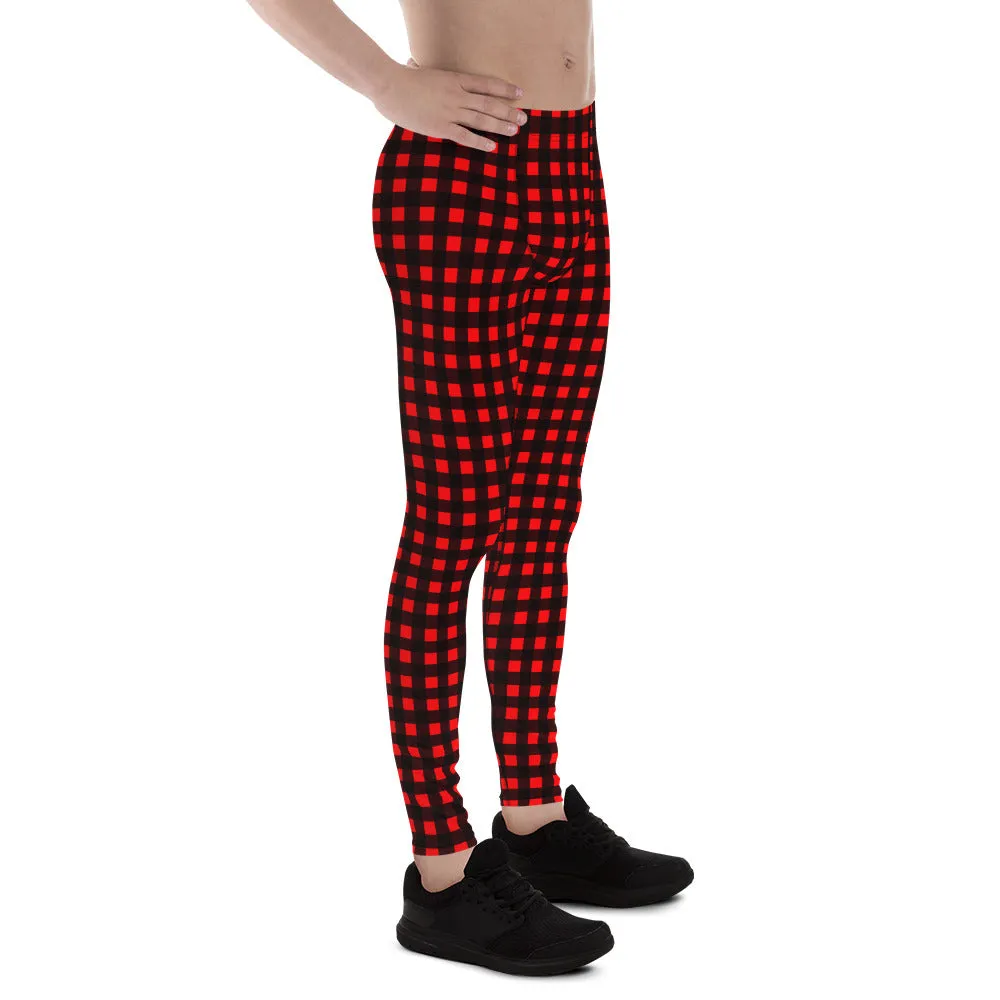 Buffalo Red Plaid Meggings, Buffalo Print Men's Leggings Compression Tights-Made in USA/MX/EU