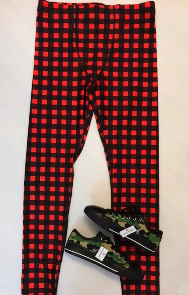 Buffalo Red Plaid Meggings, Buffalo Print Men's Leggings Compression Tights-Made in USA/MX/EU