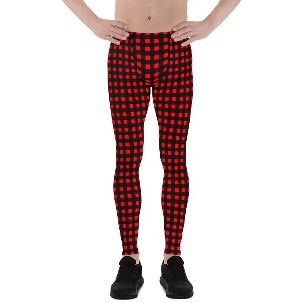 Buffalo Red Plaid Meggings, Buffalo Print Men's Leggings Compression Tights-Made in USA/MX/EU