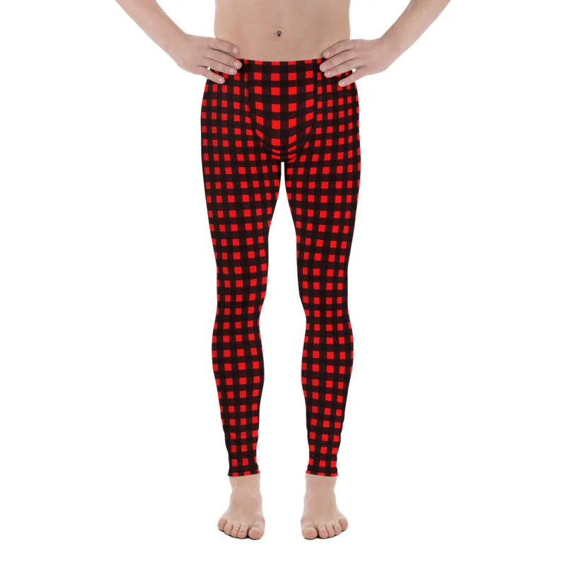 Buffalo Red Plaid Meggings, Buffalo Print Men's Leggings Compression Tights-Made in USA/MX/EU