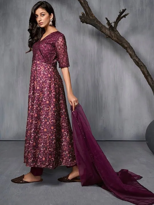 Burgundy Ethnic Motifs Printed Sequined A-Line Kurta With Trousers & Dupatta