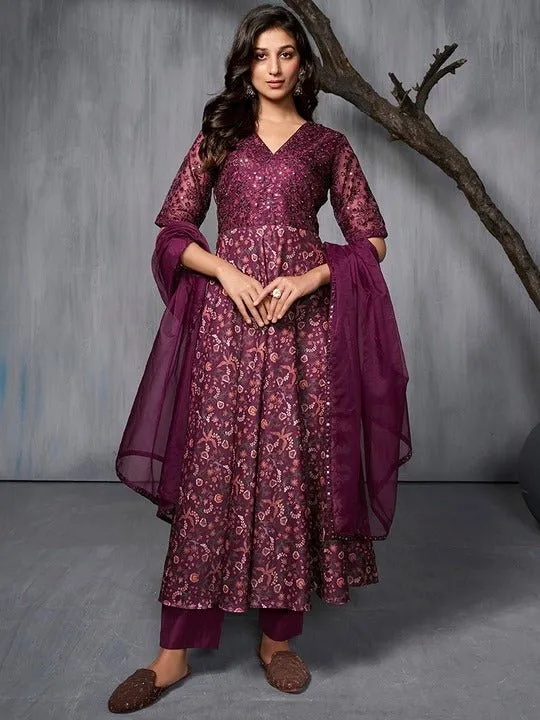 Burgundy Ethnic Motifs Printed Sequined A-Line Kurta With Trousers & Dupatta