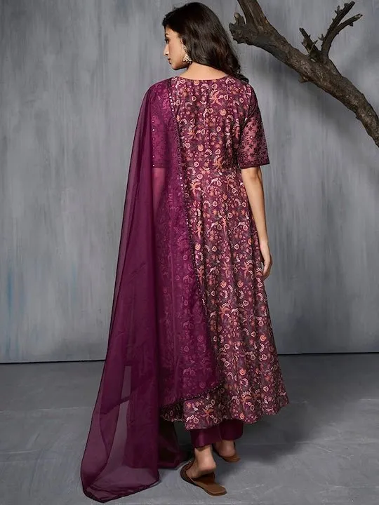 Burgundy Ethnic Motifs Printed Sequined A-Line Kurta With Trousers & Dupatta