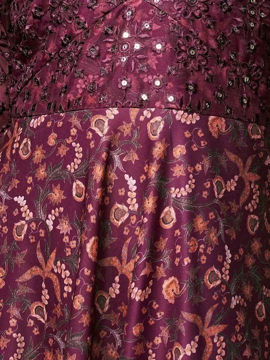 Burgundy Ethnic Motifs Printed Sequined A-Line Kurta With Trousers & Dupatta