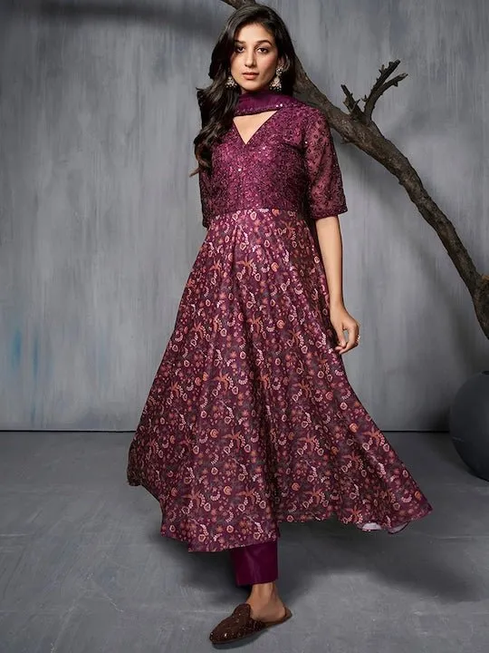 Burgundy Ethnic Motifs Printed Sequined A-Line Kurta With Trousers & Dupatta