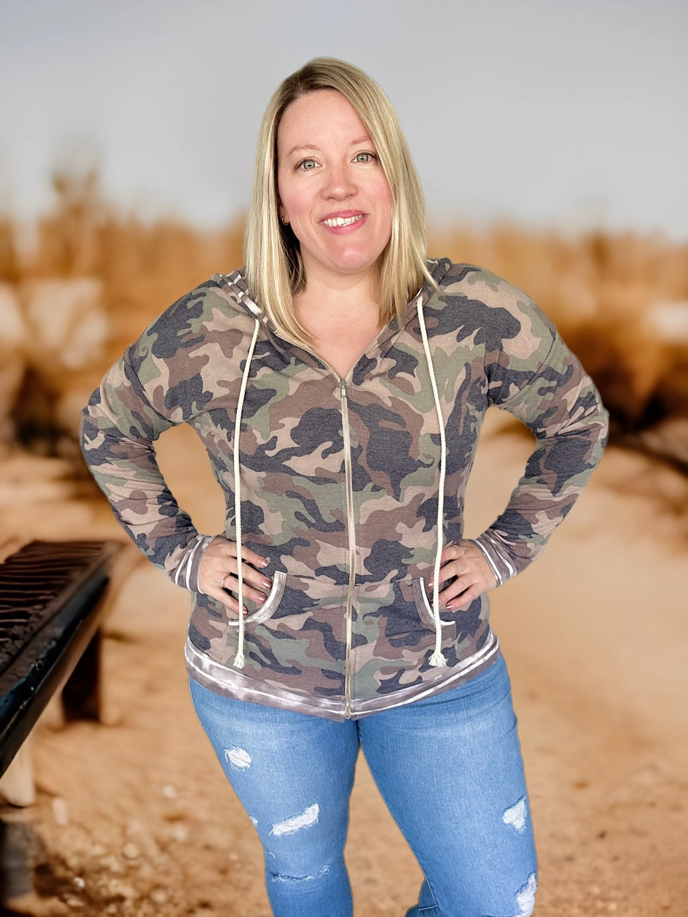 Camo Zip Up Lightweight Hoodie - PLUS