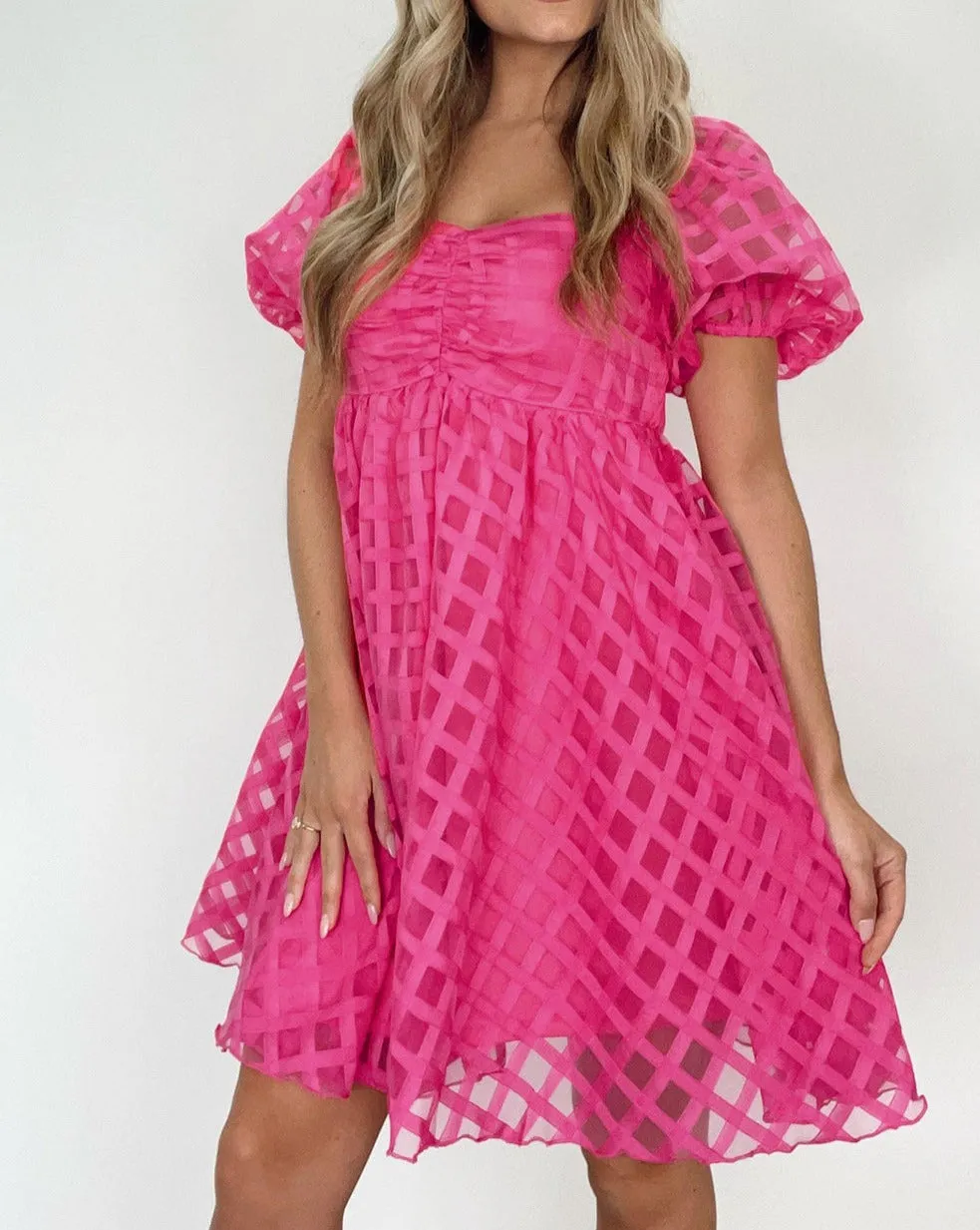 Checker Puff Sleeve Babydoll Dress