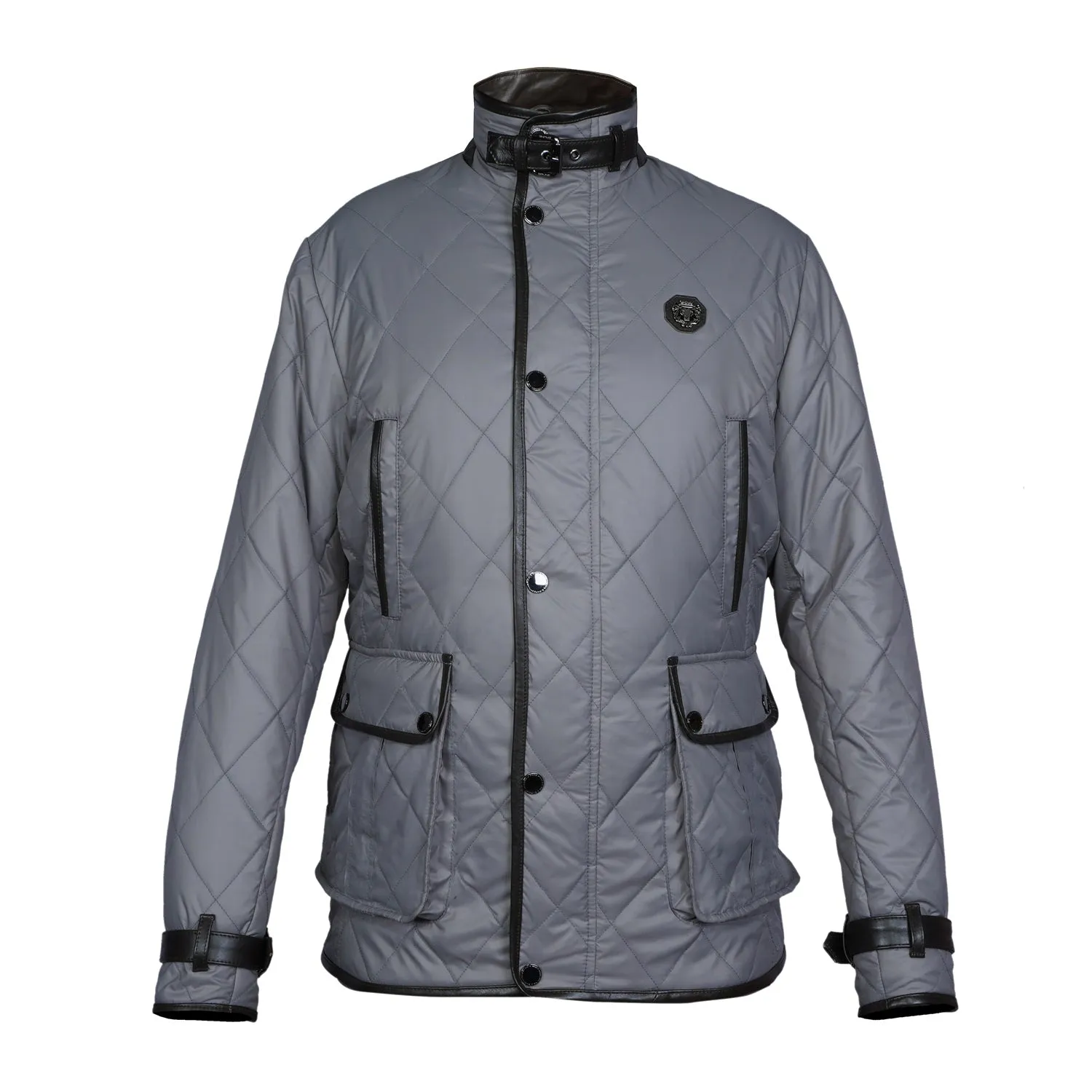 Contrasting Leather Trims Grey Puffer Coat Jacket For Men