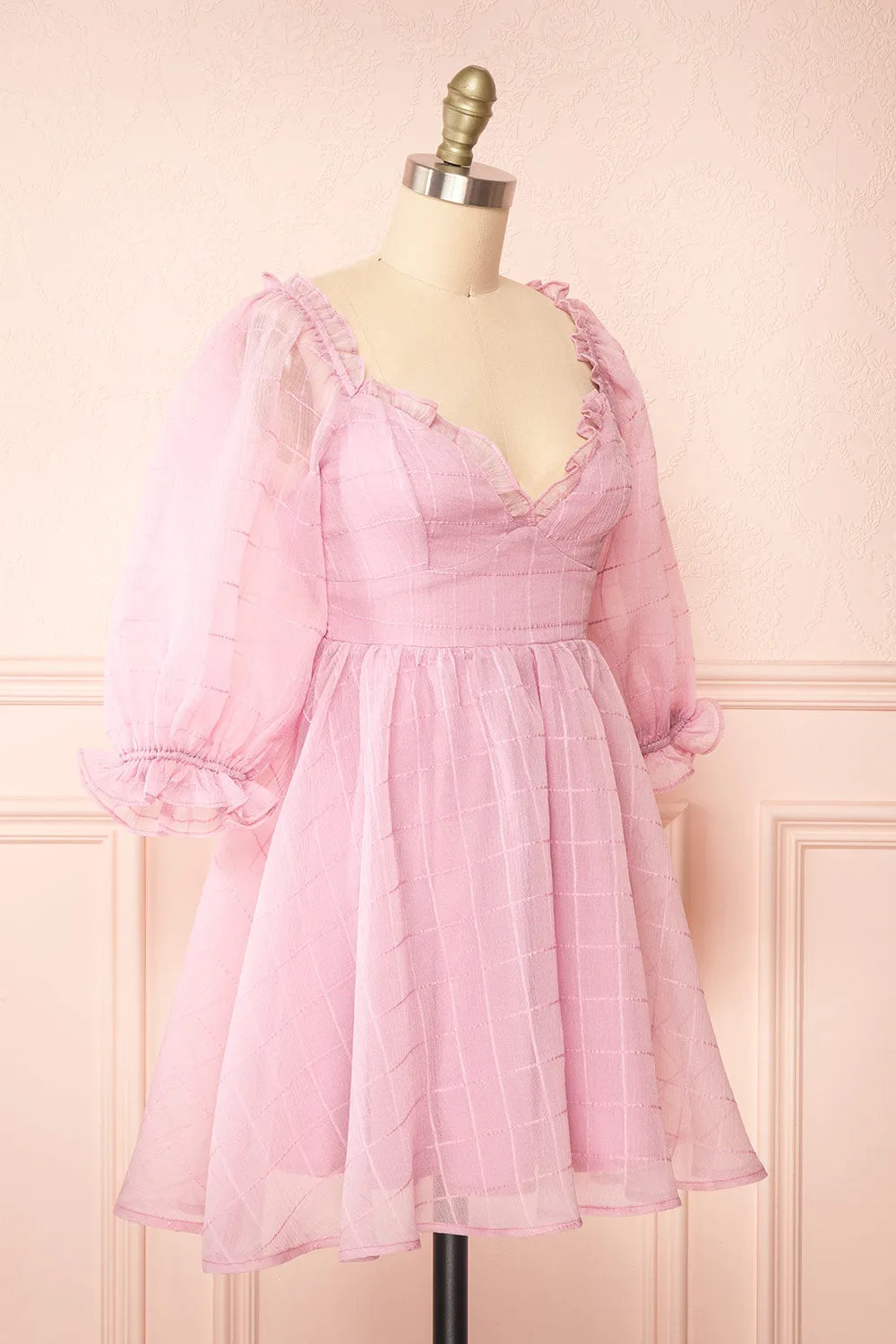 Crocus | Pink Plaid Babydoll Dress w/ Puffy Sleeves