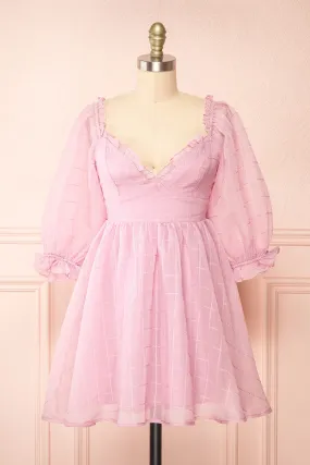 Crocus | Pink Plaid Babydoll Dress w/ Puffy Sleeves