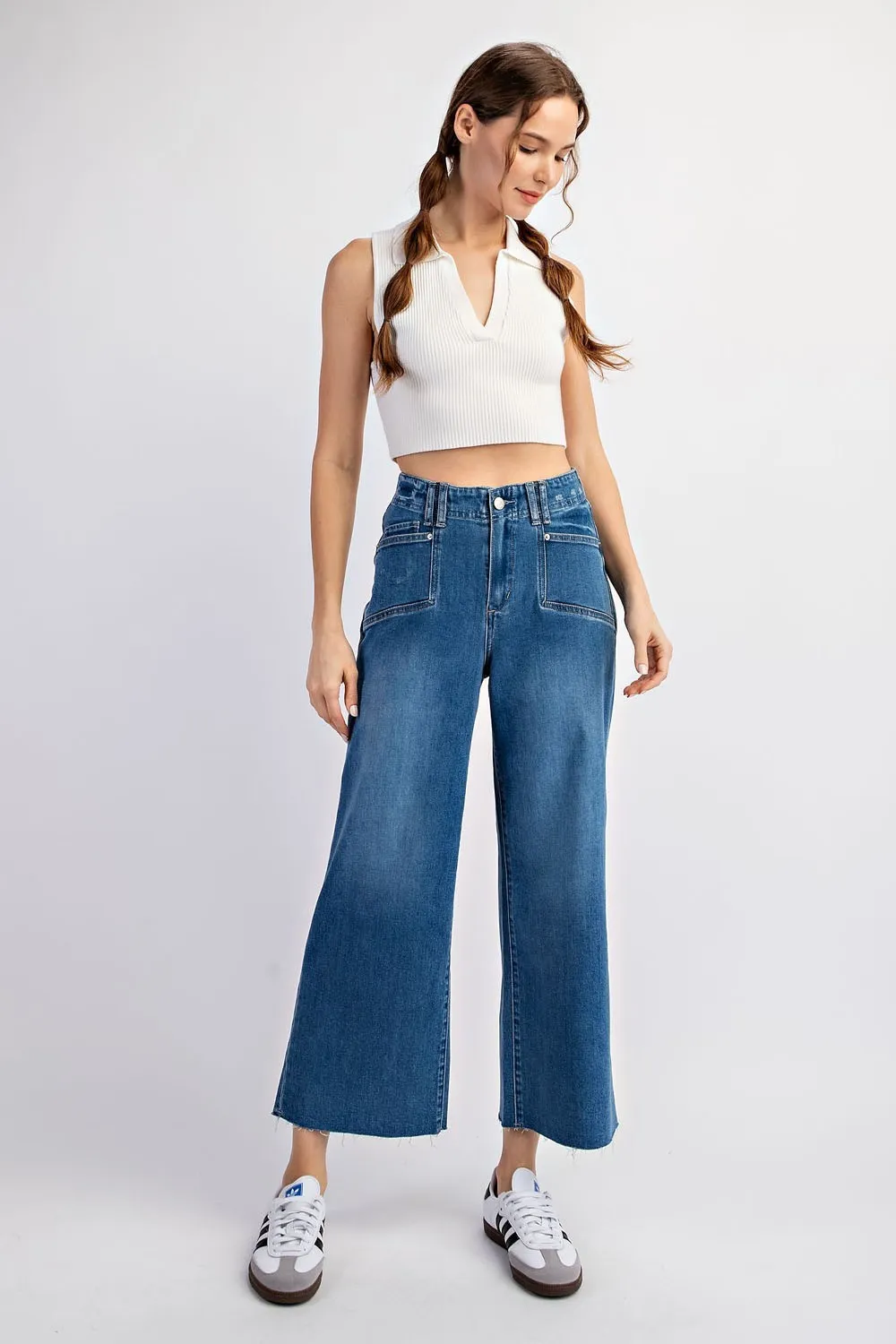 Cropped denim straight leg jeans