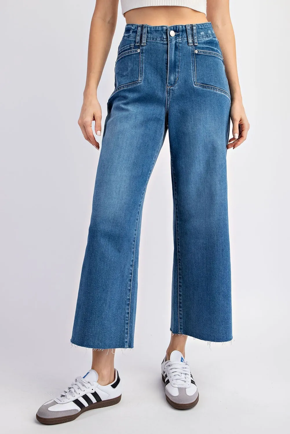 Cropped denim straight leg jeans