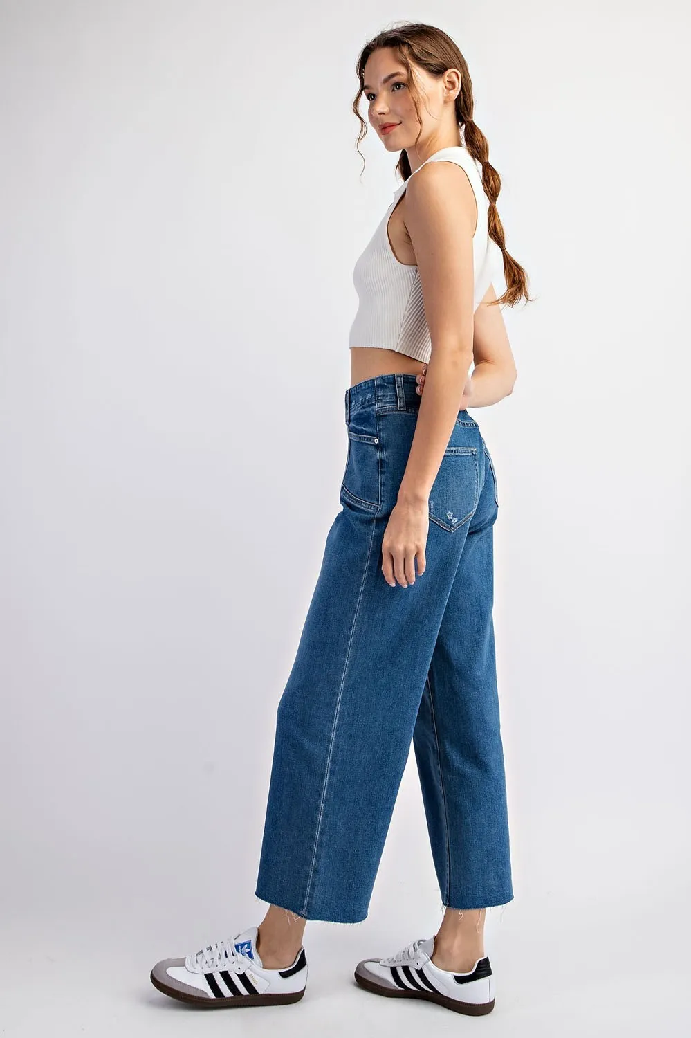 Cropped denim straight leg jeans