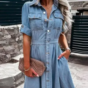 Denim Flip Collar Button Pockets Short Sleeve