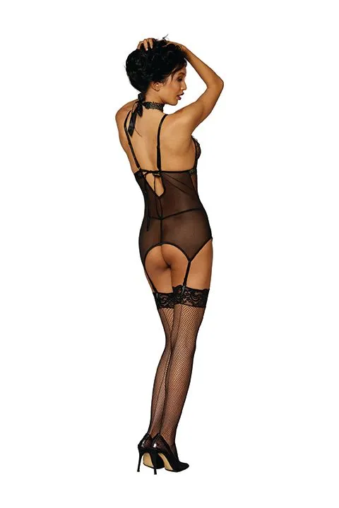 Diamond Mesh Garter Slip W- Ruching Black O-s