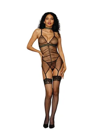 Diamond Mesh Garter Slip W- Ruching Black O-s