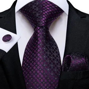 DiBanGu Dress Tie Deep Purple Plaid Men's Silk Tie Handkerchief Cufflinks Set