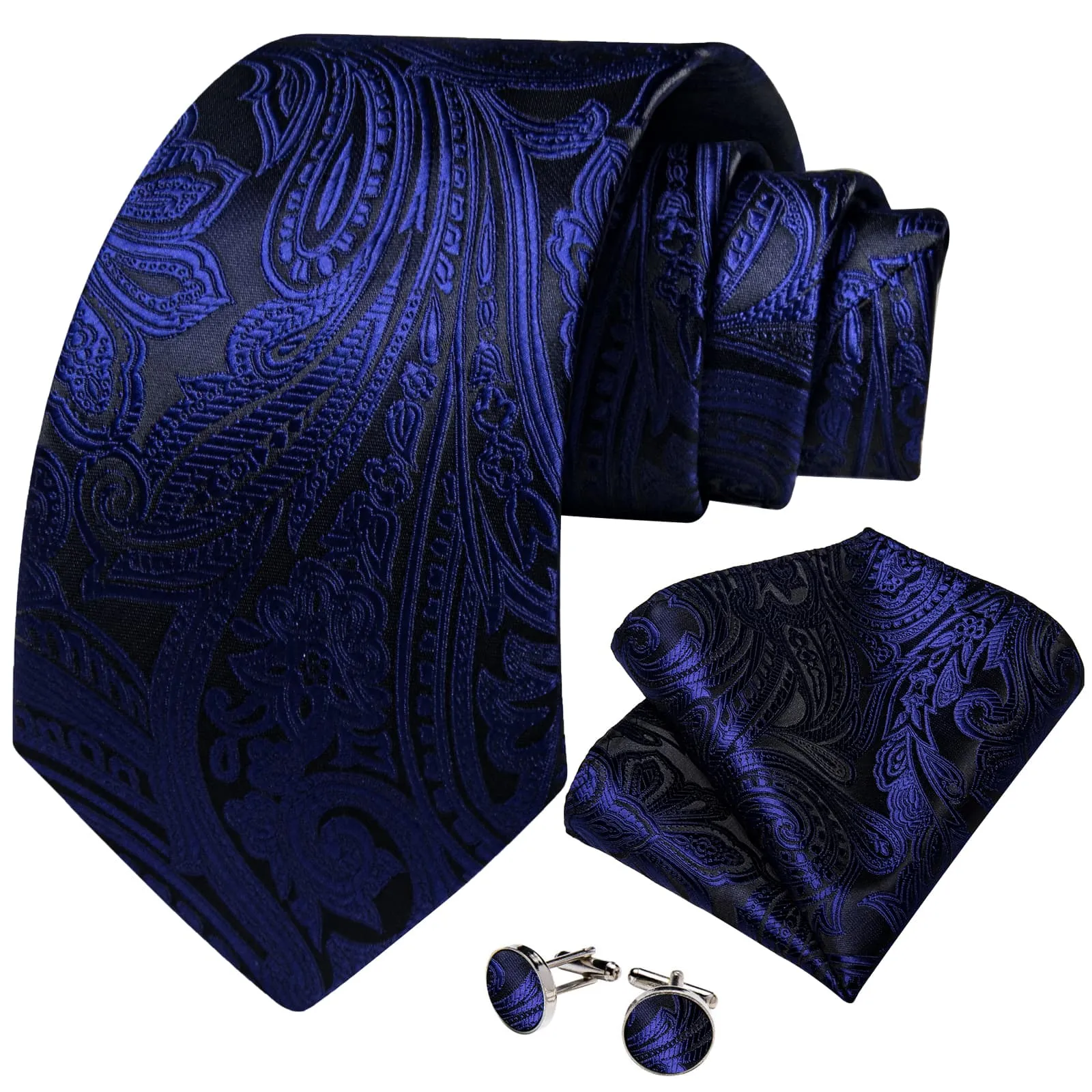 DiBanGu Dress Tie Midnight Blue Floral Mens Silk Business Work Tie Handkerchief Cufflinks Set