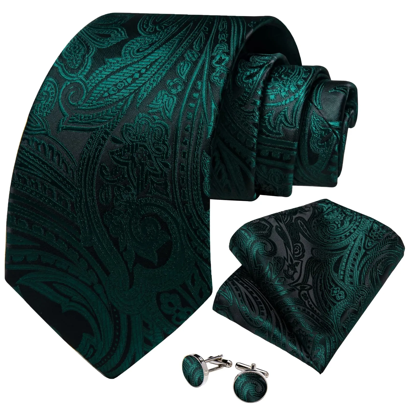 DiBanGu Dress Tie Phthalo Green Paisley Mens Silk Wedding Tie Pocket Square Cufflinks Set