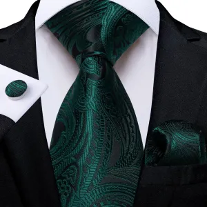 DiBanGu Dress Tie Phthalo Green Paisley Mens Silk Wedding Tie Pocket Square Cufflinks Set