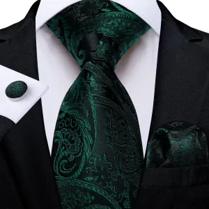 DiBanGu Dress Tie Sapphire Pine Green Paisley Men's Silk Tie Hanky Cufflinks Set