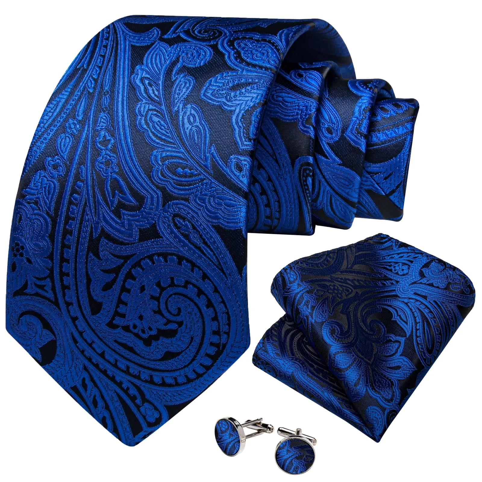 DiBanGu Dress Tie Smalt Blue Floral Mens Silk Work Tie Handkerchief Cufflinks Set