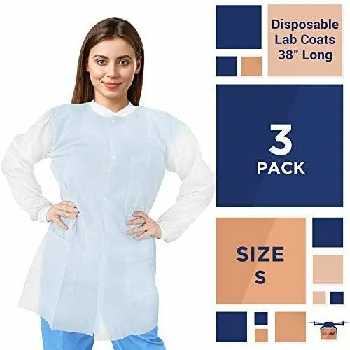 Disposable Lab Coats, 38 Long. Pack of 3 Blue Adult Work Gowns Small.