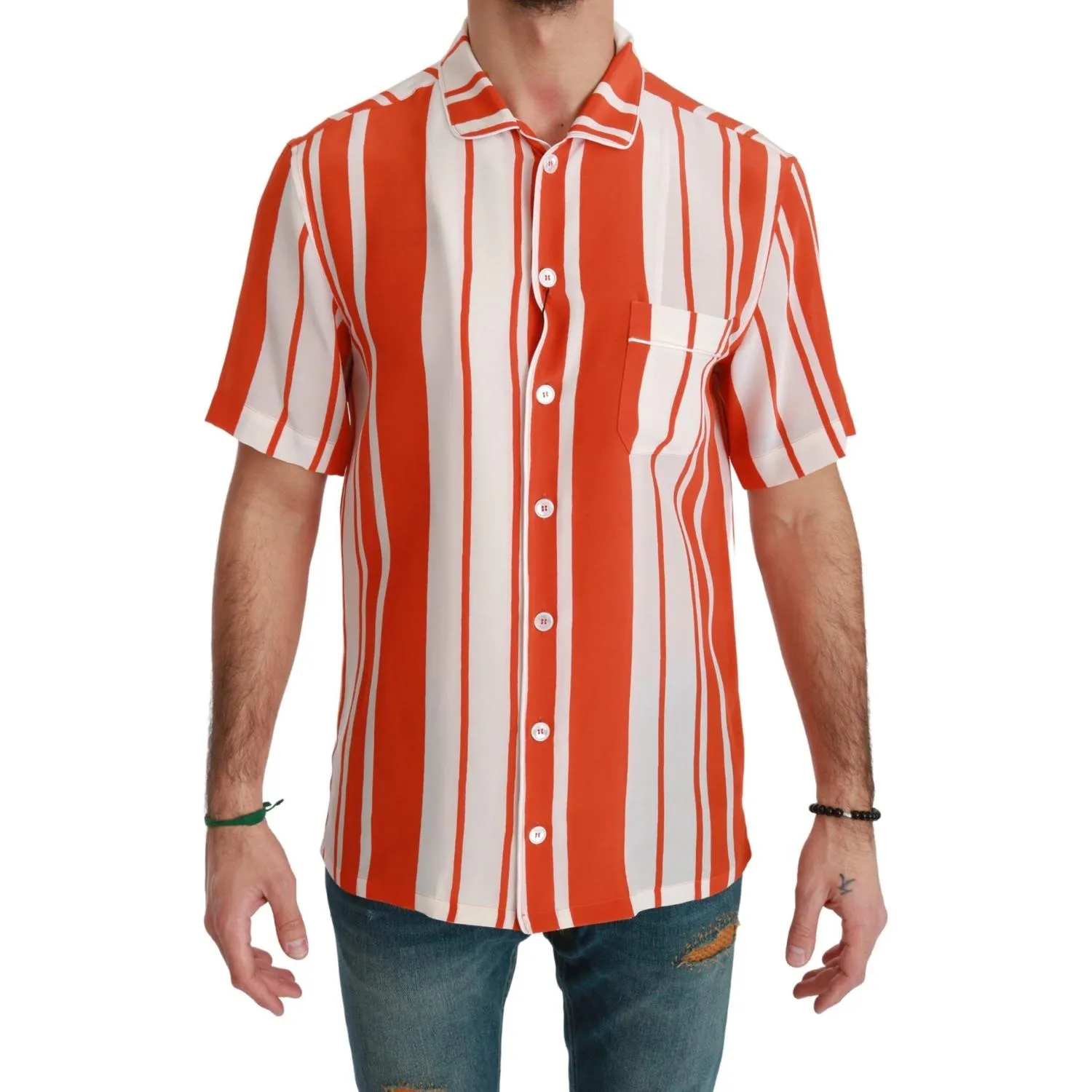 Dolce & Gabbana Elegant Striped Silk Shirt - White & Orange