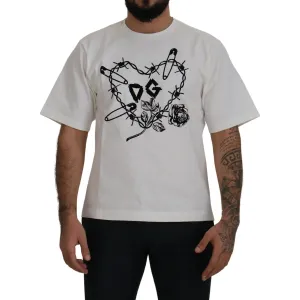 Dolce & Gabbana Elegant White Heart Roses Crewneck Tee