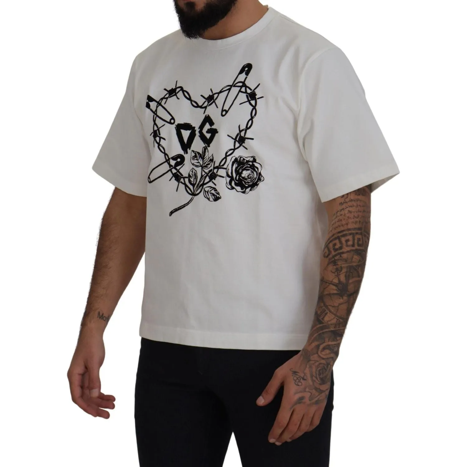 Dolce & Gabbana Elegant White Heart Roses Crewneck Tee