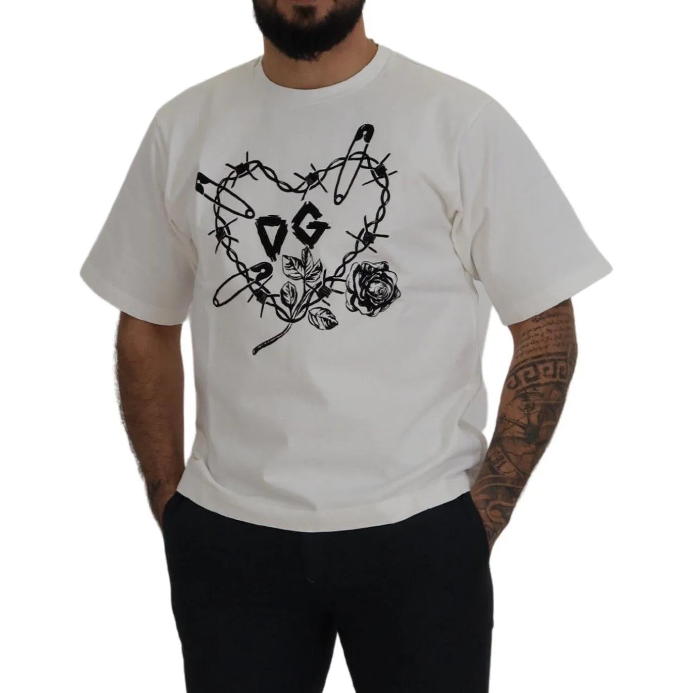 Dolce & Gabbana Elegant White Heart Roses Crewneck Tee