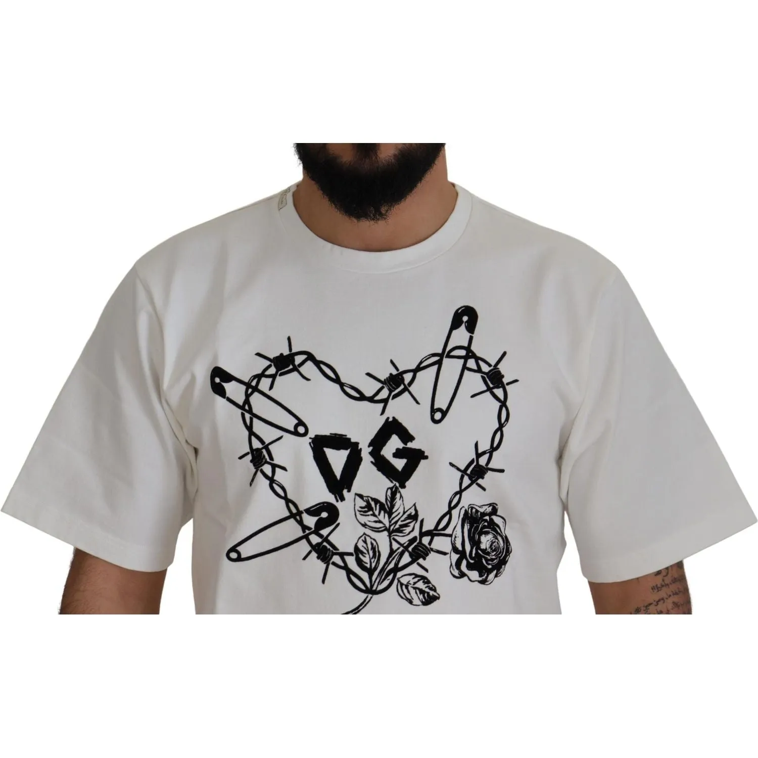 Dolce & Gabbana Elegant White Heart Roses Crewneck Tee